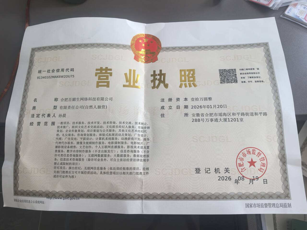 合肥百媚生网络科技有限公司营业执照原图